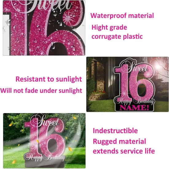 35 Inch Sweet 16 Birthday Large Yard Signs Personalized Name 16th Birthday Lawn Sign Glitter Waterproof Congrats Sign with Stakes for Happy Sweet 16 Party Outdoor {3}