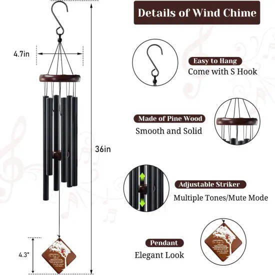 Memorial Wind Chimes for Loss of Loved One, 36" Sympathy Gifts for Loss of Dad Father Brother Friends, Bereavement Outdoor Classic Black Windchimes Suitable for Garden, Patio Decoration {2}