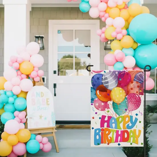Happy Birthday Garden Flags for Outside 12x18 Double Sided Burlap, Colorful Balloon Personalized Banner Farmhouse Yard Sign Birthday Party Decorations DF575 {3}