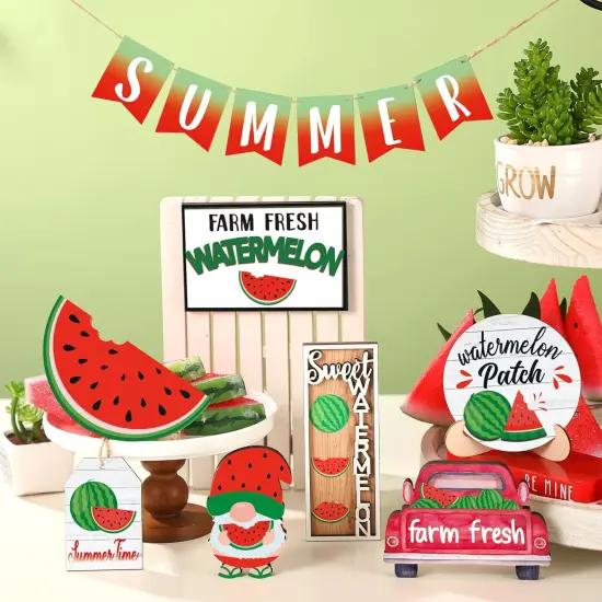 13 Pcs Summer Watermelon Tiered Tray Decor Set Summer Kitchen Decor Rustic Farmhouse Tier Tray Decor Items Watermelon Gnome Wooden Signs for Watermelon Party Decor Summer Home Decoration {4}