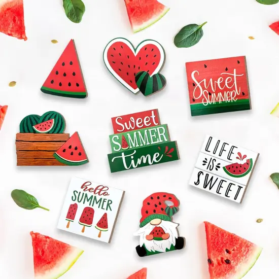 Summer Tiered Tabletop Decor, Farmhouse Watermelon Tray Decorations, Hello Summer Sweet Watermelon Gnome Wooden Signs, Rustic Summer Home Decor for Table Mantel Office Holiday Party {4}