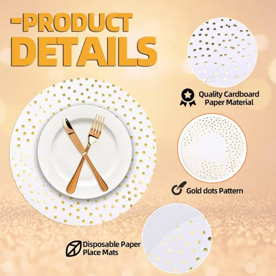 50 Pcs 14 Inch White and Gold Foil Paper Place Mats Golden Polka Dots Round Placemats Disposable Decorative Table Mats for Wedding Banquet Party Home Dining Table Decor {2}