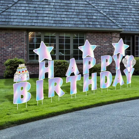 18 Pcs Iridescent Happy Birthday Yard Sign with Stakes Shiny Happy Birthday Yard Lawn Signs Cake Balloon Star Outdoor Birthday Yard Decorations for Birthday Party Supplies, Laser Color {1}