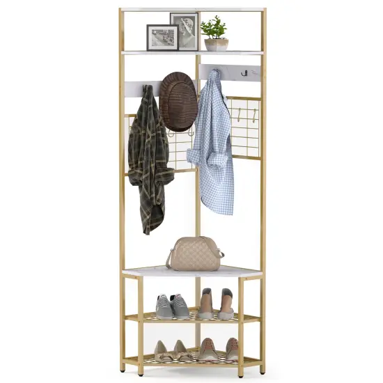 5-Tier Corner Hall Tree with Shoe Storage Bench White {4}