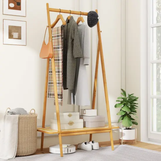 Wicker Clothes Rack with Hanging Rod Rattan Shelf and Copper Hooks Natural {6}