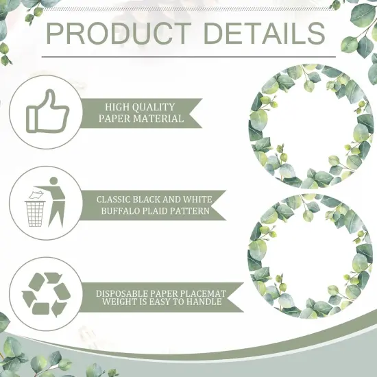 50 Pcs Disposable Eucalyptus Leaf Paper Placemats Round 12 Inch Sage Green Eucalyptus Placemat Table Place Mat for Table Setting Banquet Wedding Dinner Party Supplies {5}