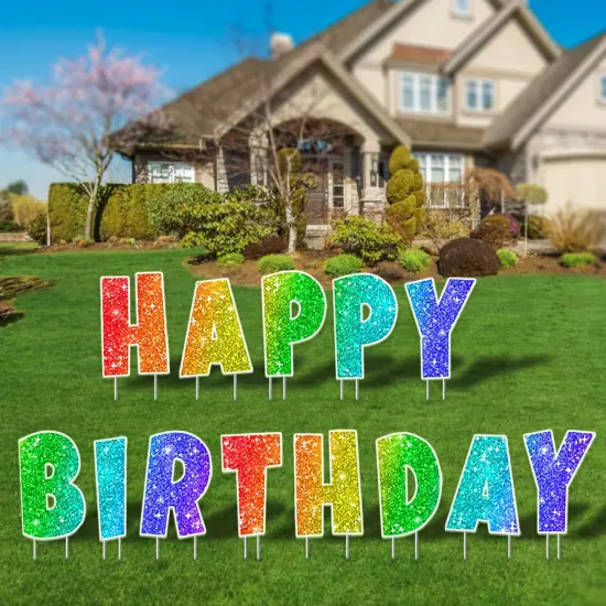 Happy Birthday Yard Sign with Metal Stakes - 16&rdquo; Outdoor Lawn Decorations, Weather-Resistant Letters, birthday party supplies gift for Kids & Adults (Glitter) {1}