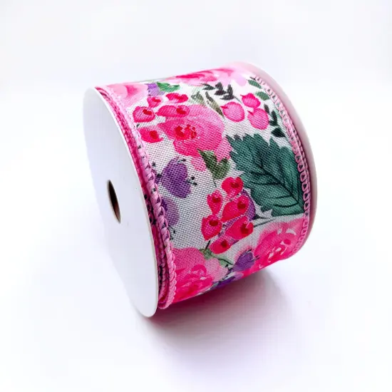 Designer's Shop WR 63-5200 Spring Summer Pink Rose, Red / Purple small floral and green leaf on white burlap wired edge ribbons, 2.5" x 10 yards {3}
