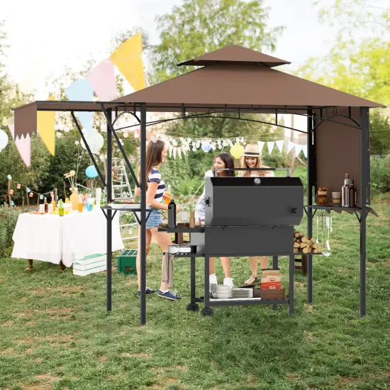 13 x 5 Feet Dual Side Awnings Grill Gazebo with 2 Shelves Adjustable Shadow and Metal Frame Coffee {2}