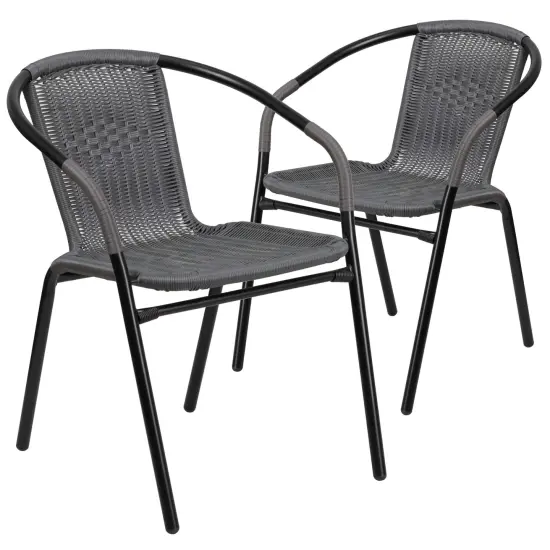 Emma and Oliver 2 Pack Rattan Indoor-Outdoor Restaurant Stack Chair with Curved Back Gray {2}