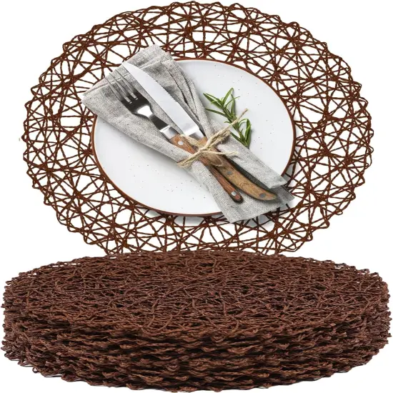 Paper Braided Round Placemats Set of 12 Natural Non-Slip Heat Resistant Table Mats for Dining Tables Woven Indoor & Outdoor Place mats(Coffee,12) {1}
