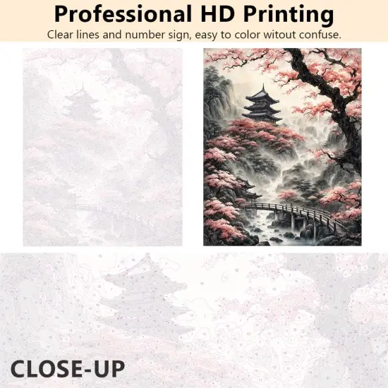 Japanese Temple Paint by Number Kits for Adults Beginners,Tree Adults Paint by Numbers Kits,DIY Pink Cherry Blossom Paint by Numbers Kits on Canvas for Home Wall Decor 16x20inch Frameless {3}