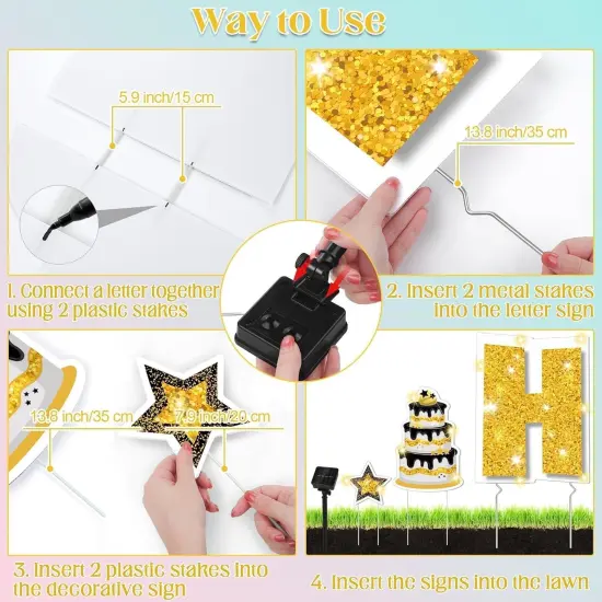 25 Pcs Extra Large 19.7 Inch Happy Birthday Yard Signs with Solar LED Light Black and Gold Birthday Lawn Signs with Metal Stakes Waterproof Outdoor Decorations for Garden Party {4}