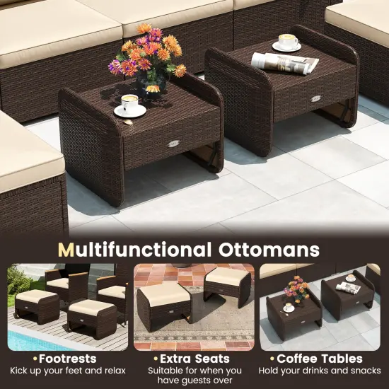 2 Pieces Patio Wicker Ottomans with Metal Frame and Removable Cushions Perfect for Outdoor Seating Brown {5}