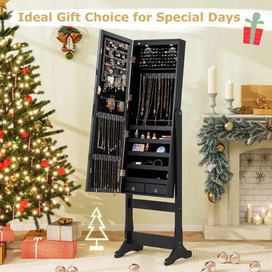 Lockable Freestanding Jewelry Cabinet Armoire with Full-Length Mirror and Lights Black {2}