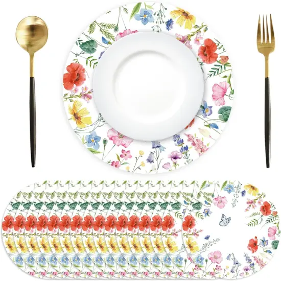 Paper Placemats Disposable 50 Pack Spring Flowers Place Mats 13.4 Inch Round Decorative Butterfly Wildflower Table Mats for Spring Birthday Bridal Wedding Party Supplies {1}