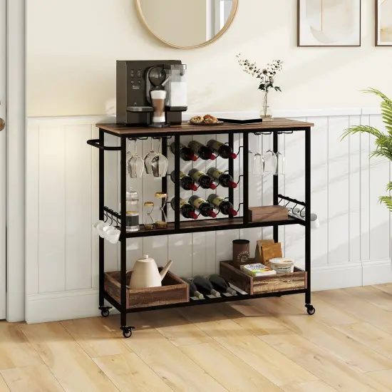 3 Tiers Bar Cart on Wheels with Glass Racks Brown {2}