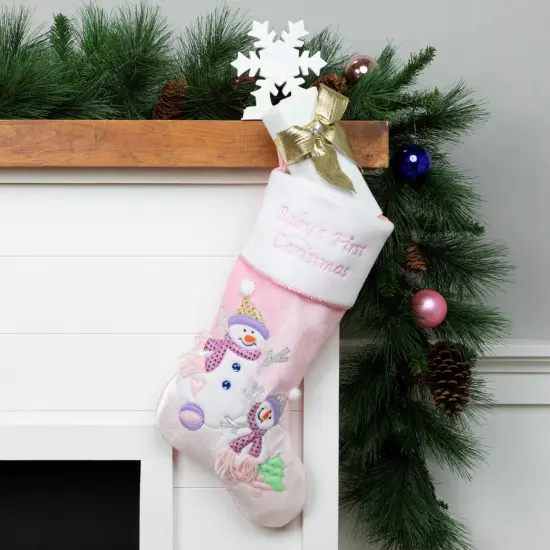 Northlight 21" Light Pink Baby's First Christmas Velveteen Snowmen Christmas Stocking {1}