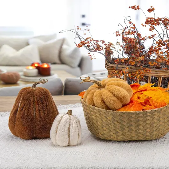 3 Pcs Assorted Faux Sherpa Pumpkins Small Fabric Pumpkins {5}