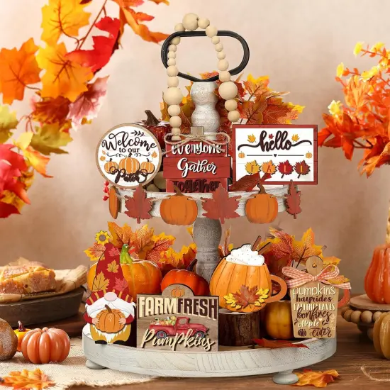 13 Pcs Fall Tiered Tray Decor with Two Tiered Tray {4}