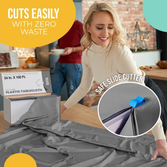 Exquisite Party Solids 54" x 100' Plastic Table Cover Roll with Slide Cutter &ndash; Cut-to-Size Dispenser Box &ndash; Makes Up to 36 Disposable 8' Rectangle Tablecloths Silver {5}
