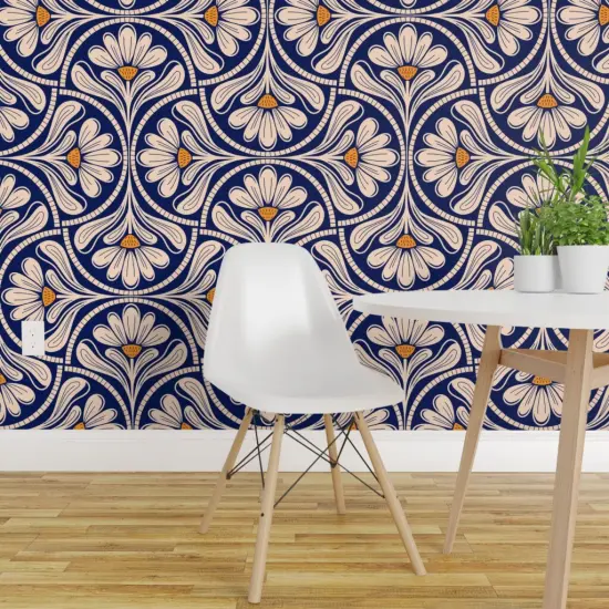 Peel & Stick Wallpaper 2FT Wide Blue Floral Yellow Cream Flowers Bold Modern Minimalist Cobalt Geometric Custom Removable Wallpaper by Spoonflower {1}