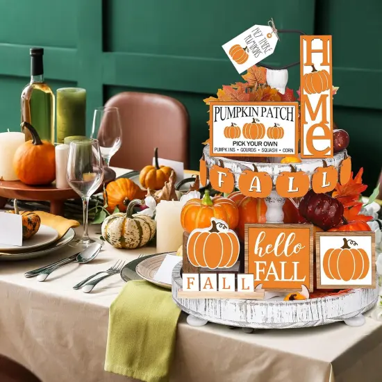 3 Pcs Fall Tiered Tray Decor Set - Autumn Harvest Wooden Sign (Pumpkin Style) {5}