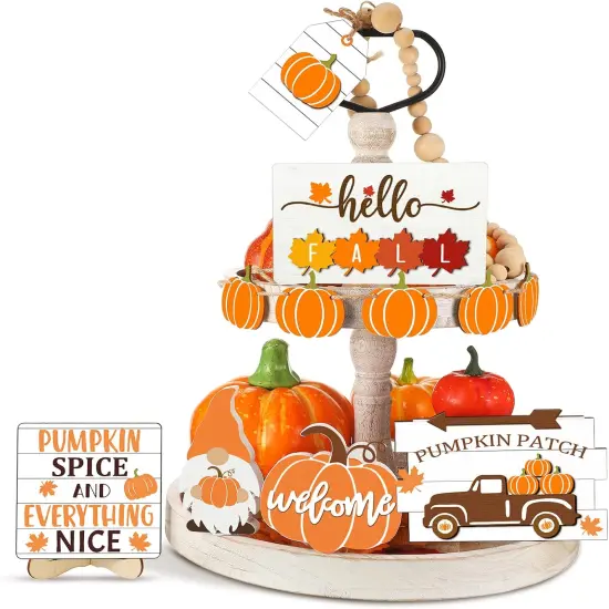 Fall Tiered Tray Decor Set Thanksgiving Pumpkin Maple Leaves {1}