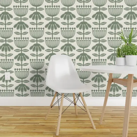 Pre-Pasted Wallpaper 2FT Wide Scandi Flowers Green Hand Drawn Floral Scandinavian Folk Art Cottagecore Farmhouse Custom Pre-pasted Wallpaper by Spoonflower {1}