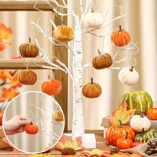 12 Pcs Fall Pumpkin Hanging Ornament 2 Inches Velvet Pumpkins {3}