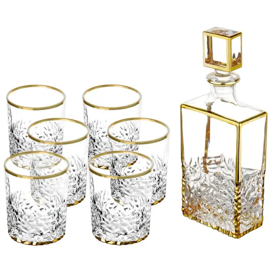 Detailed Designed Crystal Decanter with 6 Cups Set Gold {2}