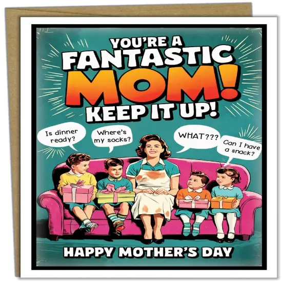Funny Mothers Day Card From Us, (Handmade in USA), Funny Mothers Day Cards For Mom From Kids, Boutique Style, Retro Mid-Century Design, Premium Cardstock 5x7, Personalize (Blank Inside) {1}