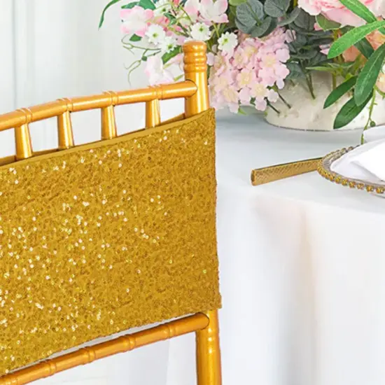 10 Pieces Glamorous Gold Sequin Stretch Spandex Chair Bands 7 x 13 Inches {5}