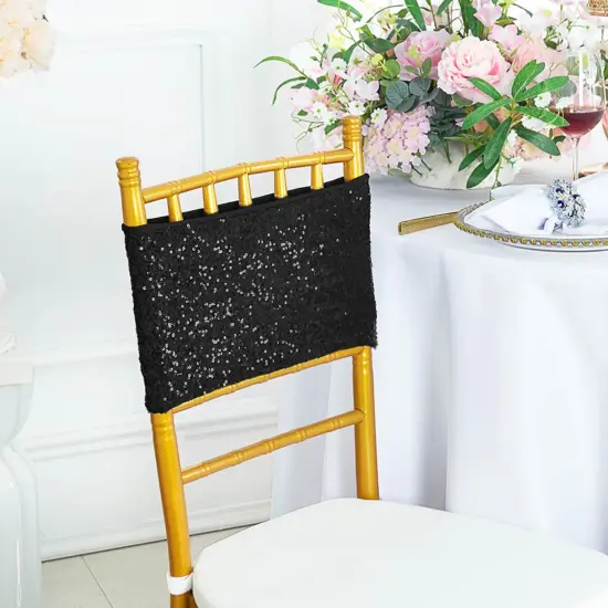 10 Pieces Sleek Black Sequin Stretch Spandex Chair Bands 7 x 13 Inches {2}