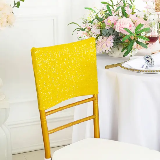 1 Piece Canary Yellow Sequin Spandex Chair Cap 13.5 inch by 10 inch Party Decor {2}
