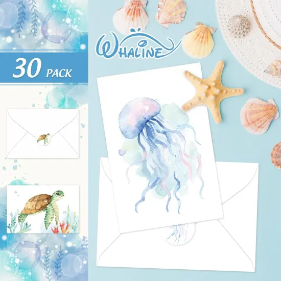 30 Pack Watercolor Ocean Greeting Cards Turtle Whale Jellyfish Stationery Cards with Envelopes Stickers Summer Sea Blank Note Cards for Party Invitation Supplies, 4 x 6 Inch {3}