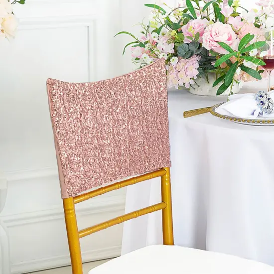 1 Piece Blush Pink Or Rose Gold Sequin Spandex Chair Cap 13.5 inch by 10 inch Event Decor {2}
