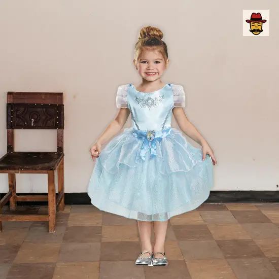 Girls Disney Cinderella Costume Blue Satin Dress Tulle Skirt Character Cameo {3}