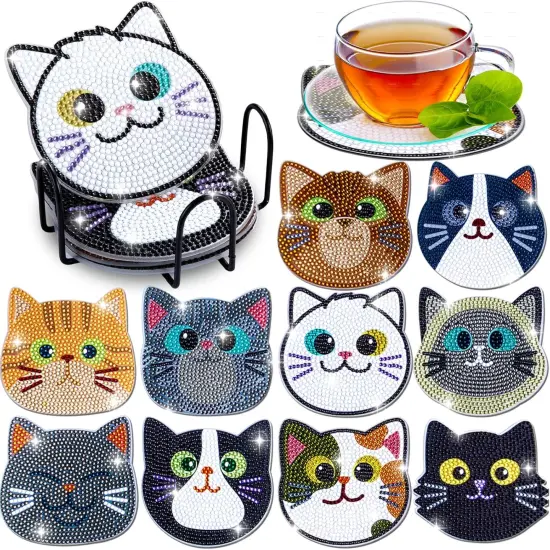 10PCs Diamond Painting Coasters Set - Cat Theme Diamond Art Coasters Painting Kits {1}