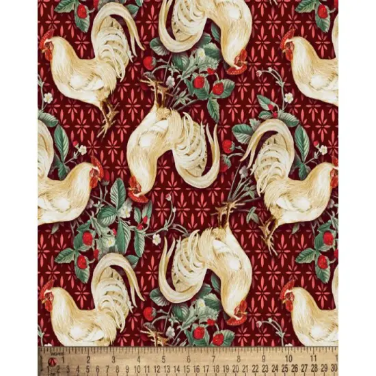 Strawberry Chickens Red Cotton Fabric | By the Yard | Sewing and Crafting | 44 inches wide {1}