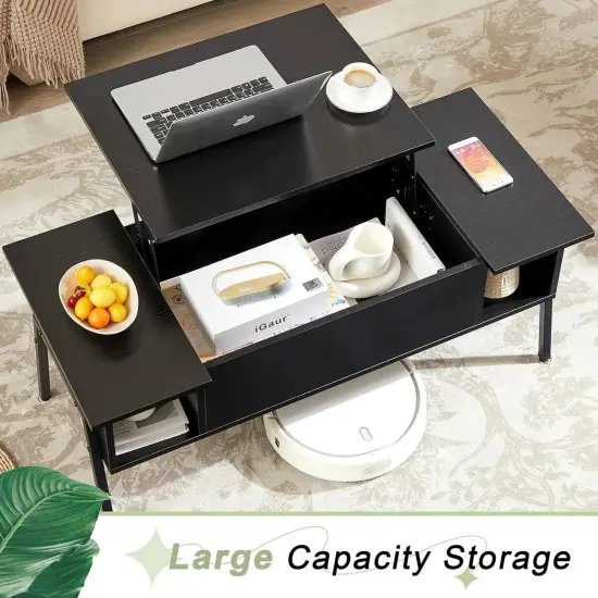Modern Wood Coffee Table with Lift-Top Adjustable Desk and Storage Shelf for Living Room Black {4}