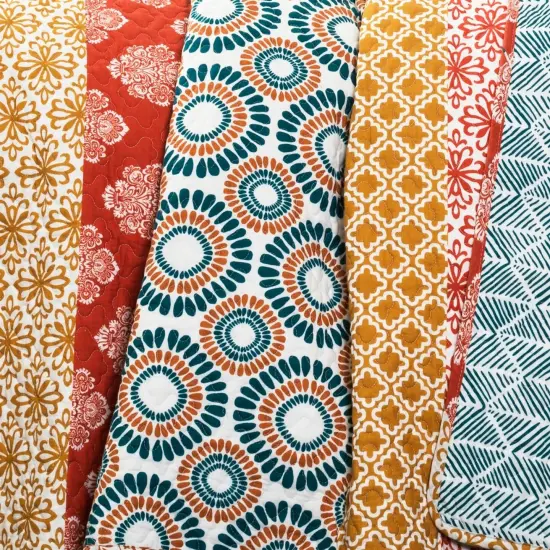Cotton 3 Piece Reversible Teal Orange Bohemian Stripe Quilt Set {2}