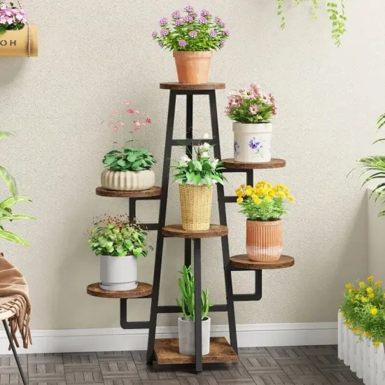 Metal and Wood 7-Tier Indoor Plant Stand with Scratch-Resistant Shelves Black {4}