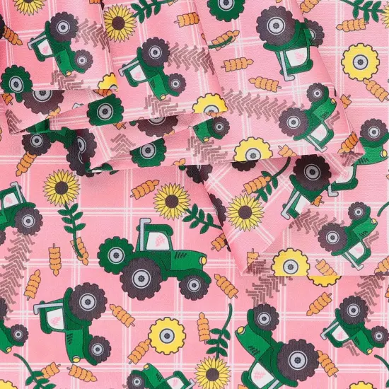 Mook Fabrics Farm Tractors Printed PUL Fabric [60 in. Wide] - By The Yard Pink {2}
