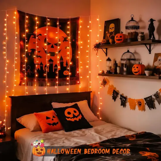 9.8x9.8ft - 300LED Orange Halloween Lights with Remote {2}