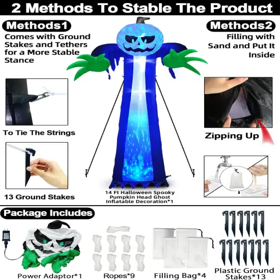 14 Ft Giant Halloween Inflatable Pumpkin Ghost with Rotating Blue Lights {2}