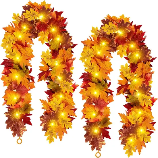 2PCS Fall Maple Leaf Garland with Yellow Lights (11.8FT) {1}