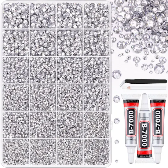 30000Pcs Flatback Resin Rhinestones with Tweezers and 3Pcs 10ml B7000 Glue - Silver Clear {1}