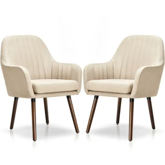 Set of 2 Retro Linen Accent Chairs with Rubber Wood Frame and Ergonomic Curved Backrest Grey {6}