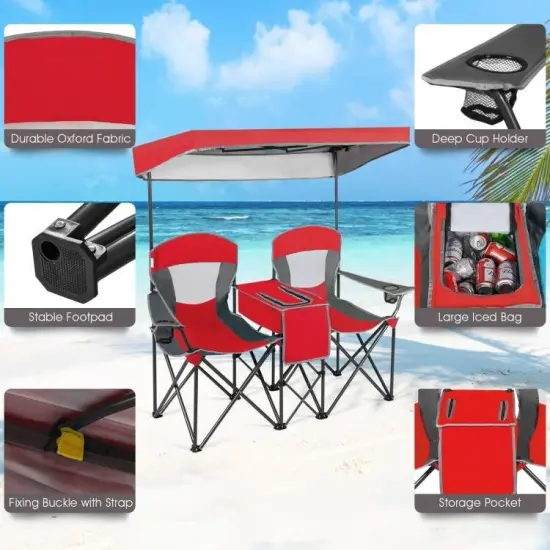 Steel Folding 2-Seater Camping Chair with Canopy and Cooler Red {3}